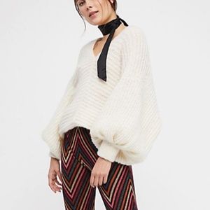 Free People Alpaca Blend Sweater Puff Sleeves V Neck XS Cream